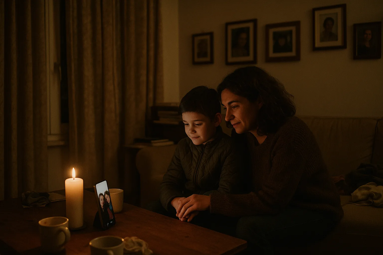 A parent and a young child in living room with heavy curtains and framed photographs