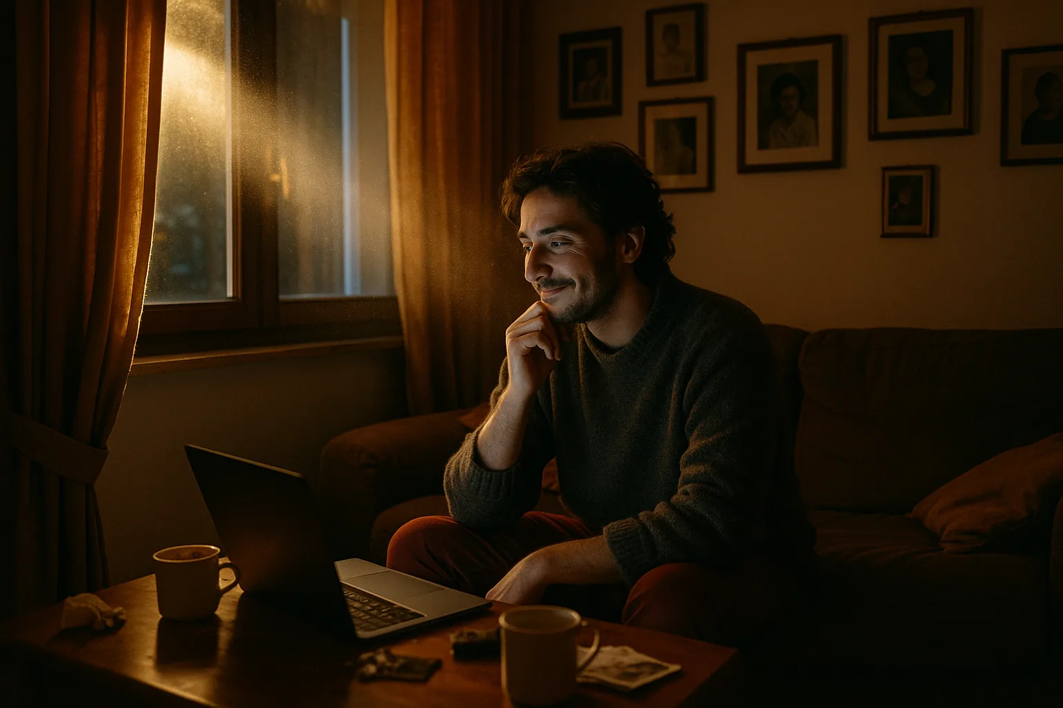 One person in their thirties, at home in living room with heavy curtains and framed photographs