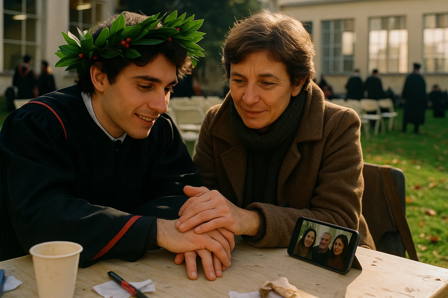 A graduate in their early twenties and a proud parent in campus lawn just after the ceremony, gowns and folding chairs, in Italy