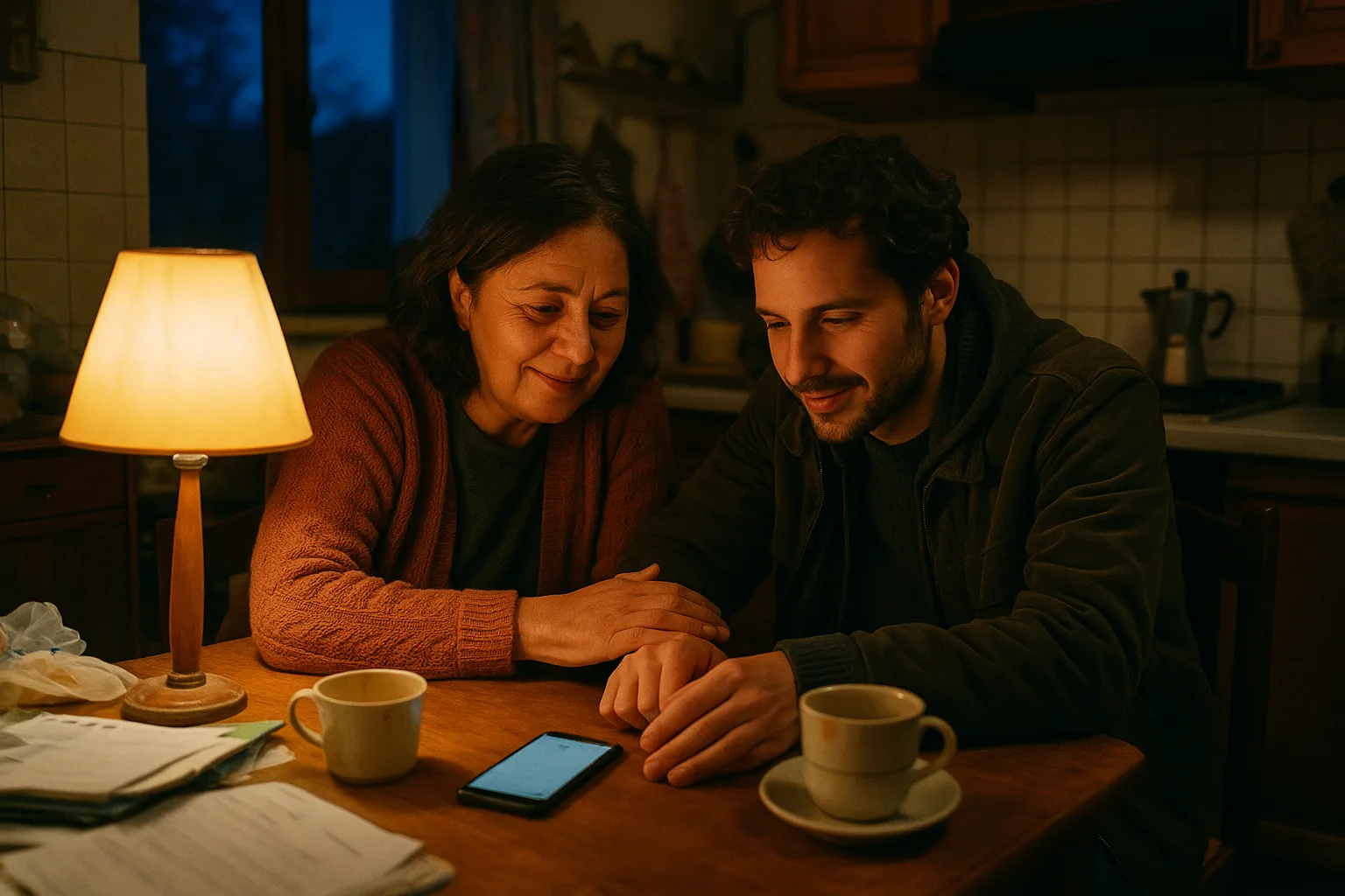 A mother in her fifties and her adult child in nonna's kitchen with a coffee pot on the stove