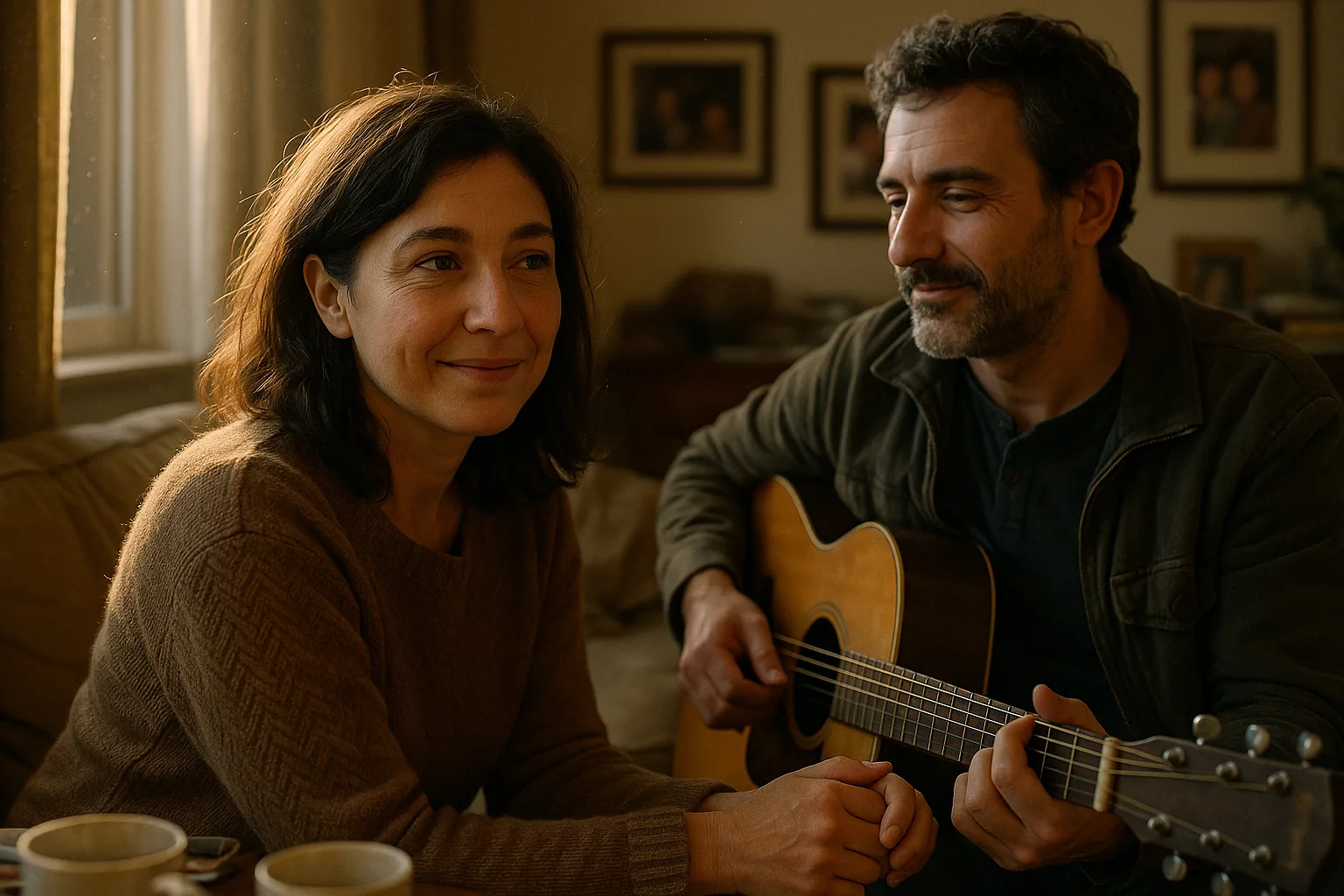 A married couple in their forties in living room with heavy curtains and framed photographs