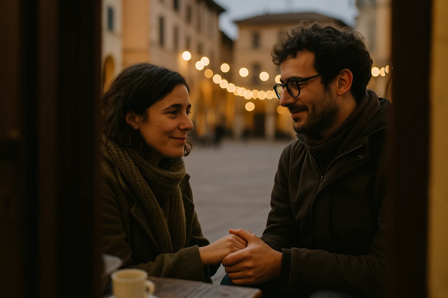 Two close friends in their thirties in piazza in late afternoon light
