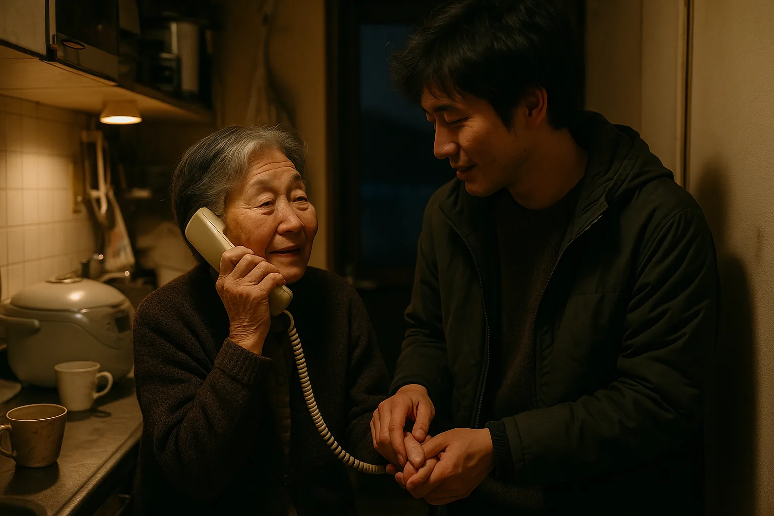 An older woman in her seventies and a grown grandchild in narrow kitchen with a rice cooker on the counter
