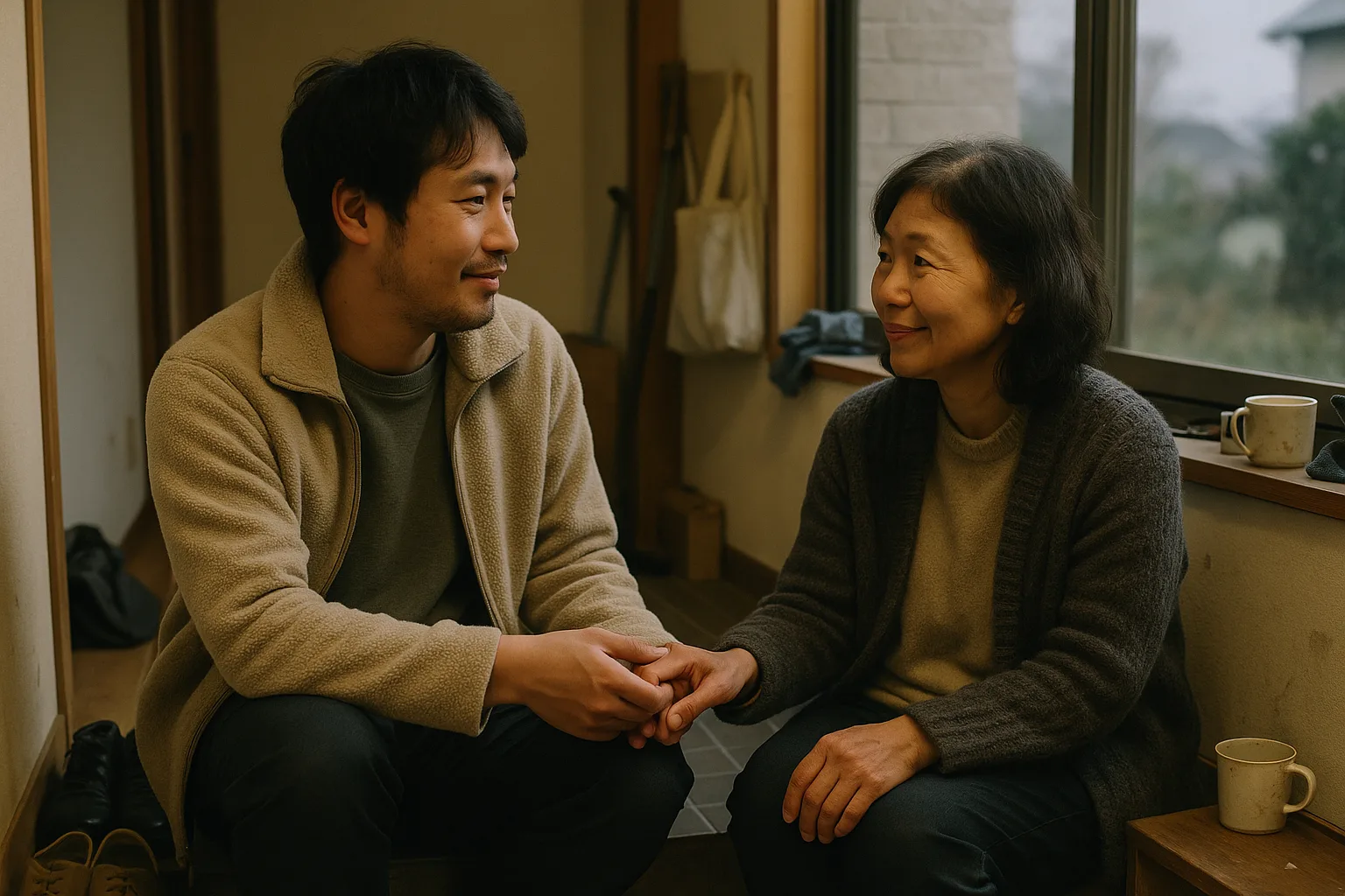 An adult in their thirties and their mother-in-law in her sixties, at ease with each other in genkan entryway with shoes lined up