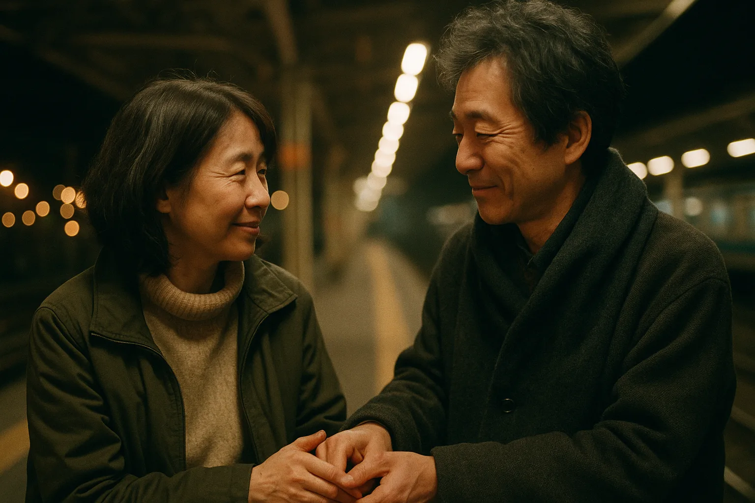 Two people who clearly know each other well in train platform in the evening