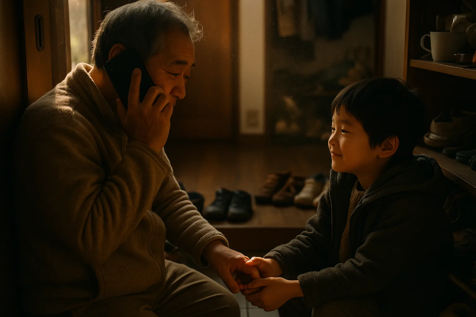 A parent and a young child in genkan entryway with shoes lined up