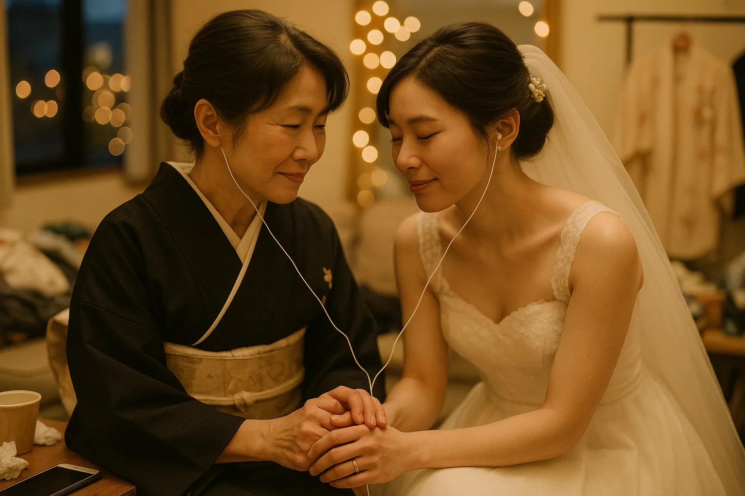 A bride and her mother in wedding venue waiting room, kimono on a stand