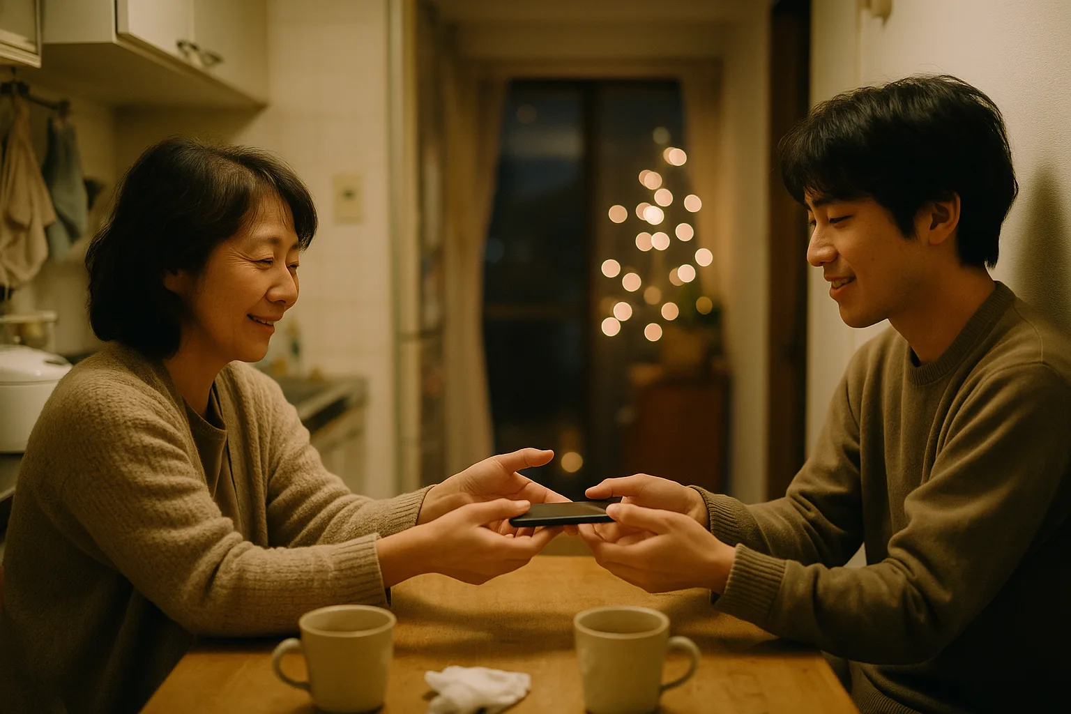 A mother in her fifties and her adult child in narrow kitchen with a rice cooker on the counter