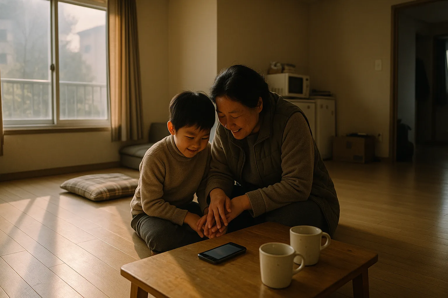 A parent and a young child in Korean apartment living room with floor seating and a low table