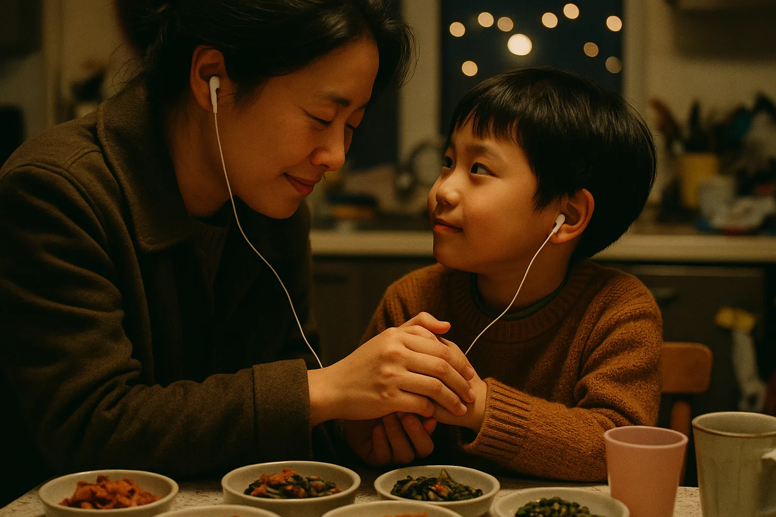 A parent and a young child in kitchen with side dishes laid out