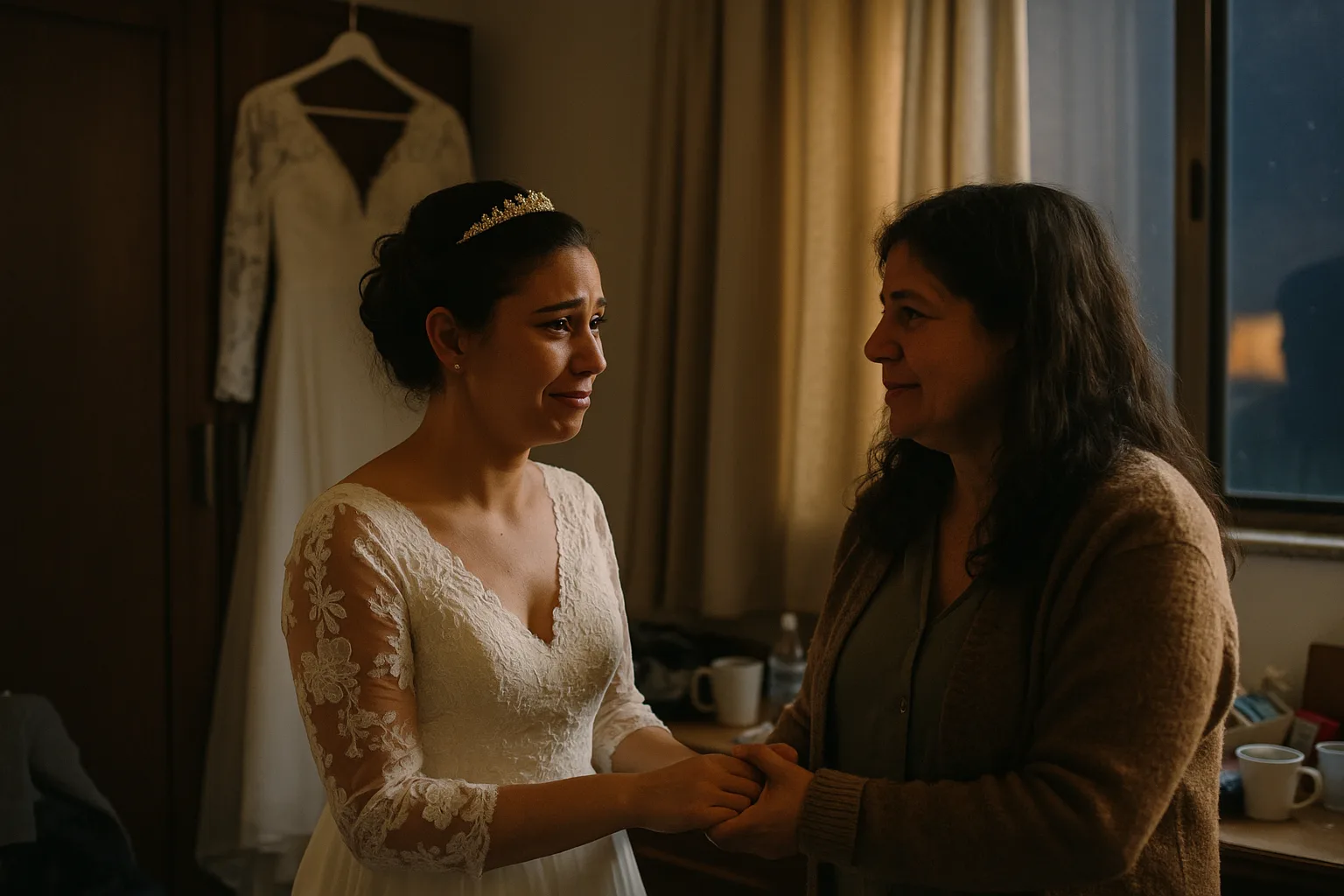 A bride and her mother in bridal suite before the ceremony, dress hanging on the door, in Brazil