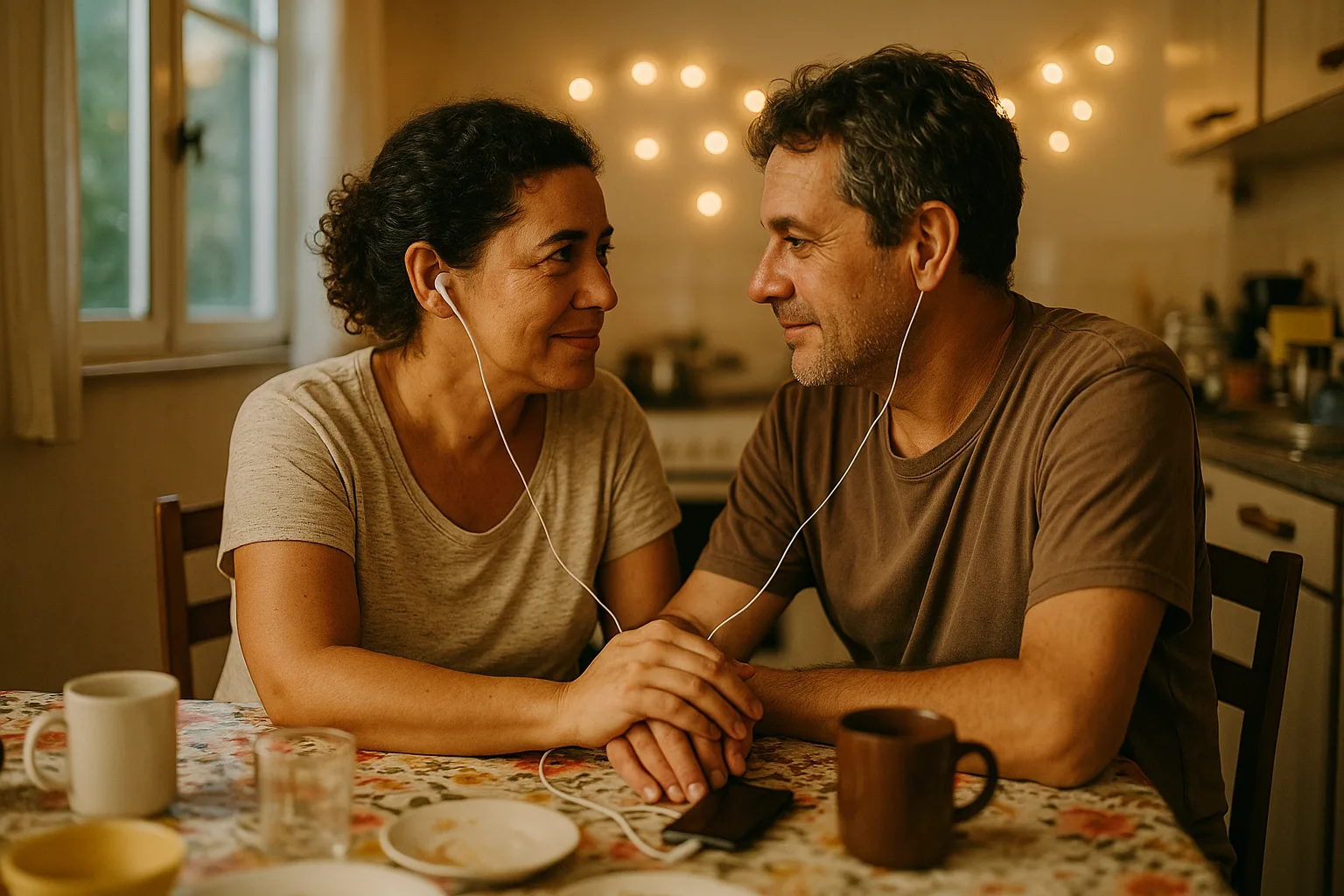 A married couple in their forties in kitchen with a plastic tablecloth and a full table