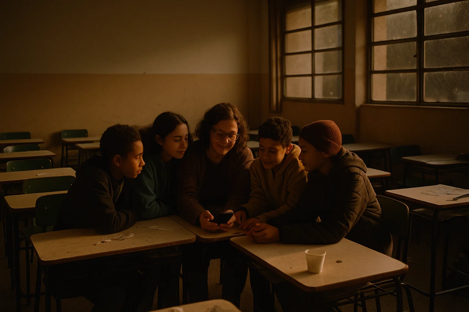 A schoolteacher in her forties and a small group of pupils in uma sala de aula brasileira no fim da tarde