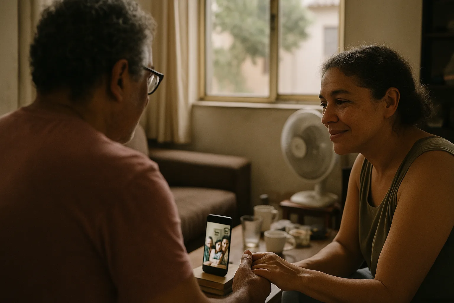 Two people who clearly know each other well in Brazilian living room with an open window and a fan turning