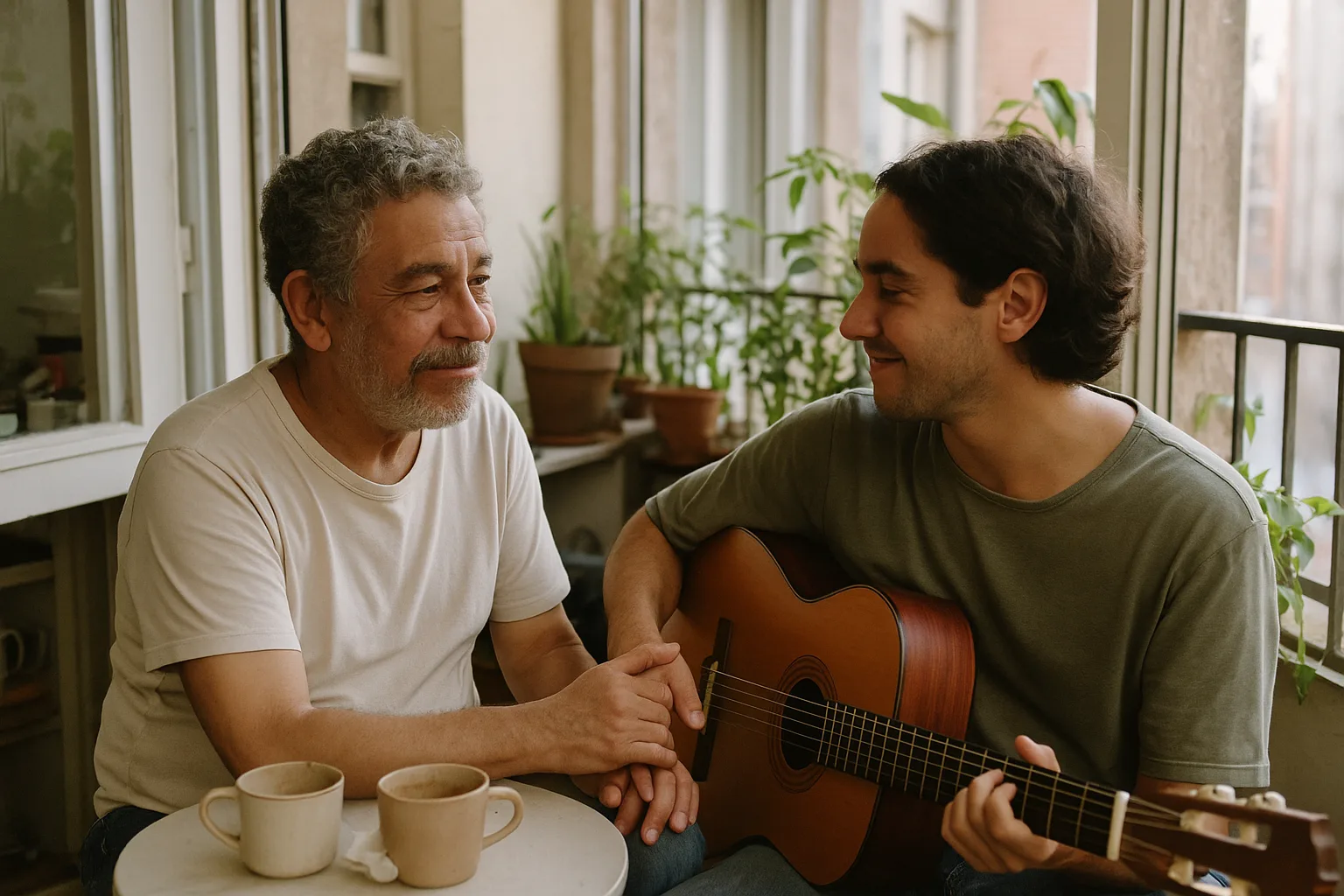 A father in his fifties and his adult child in apartment varanda with plants