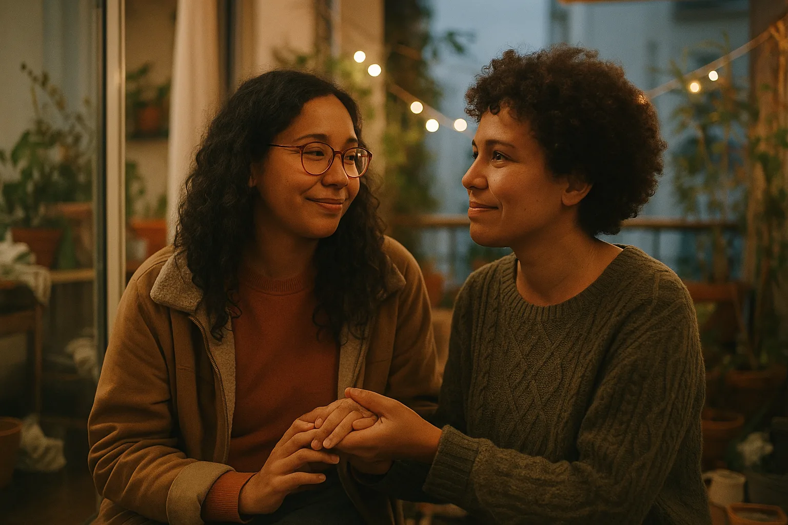 Two people who clearly know each other well in apartment varanda with plants