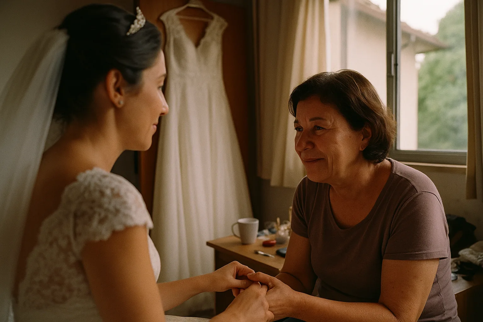 A bride and her mother in bridal suite before the ceremony, dress hanging on the door, in Brazil