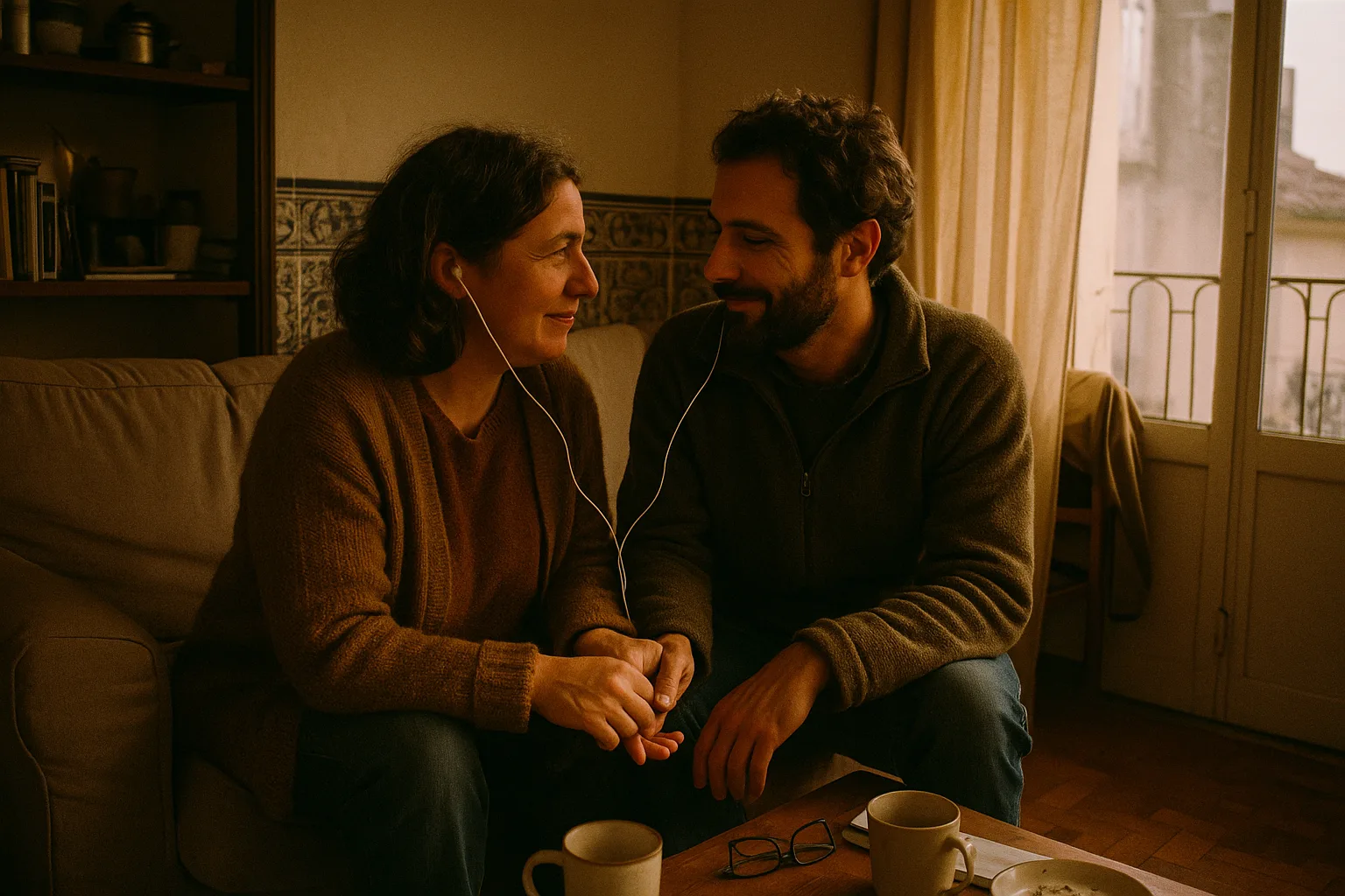 Two people who clearly know each other well in Portuguese flat with azulejo tiles and a small balcony