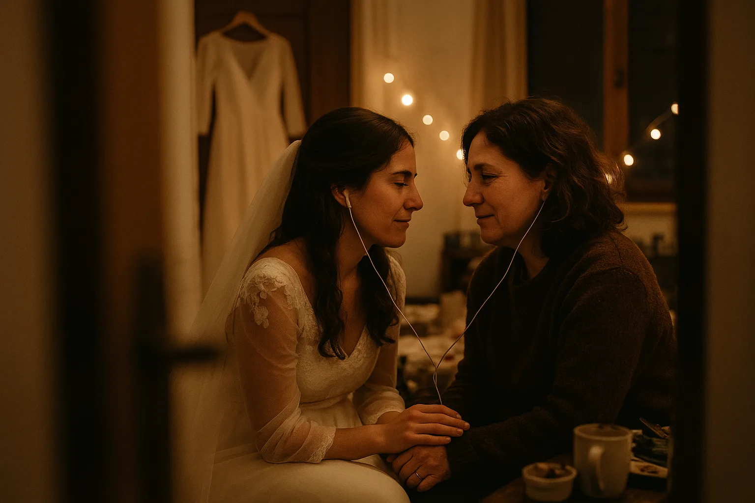A bride and her mother in bridal suite before the ceremony, dress hanging on the door, in Portugal