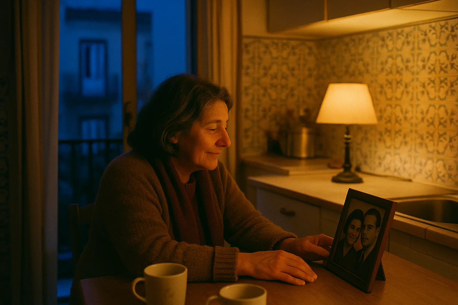 One person alone at a kitchen table, an old photograph propped in front of them in Portuguese flat with azulejo tiles and a small balcony