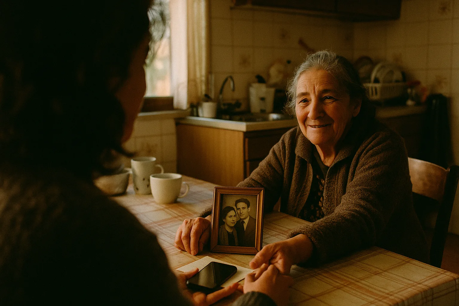 One person alone at a kitchen table, an old photograph propped in front of them in grandmother's kitchen in winter