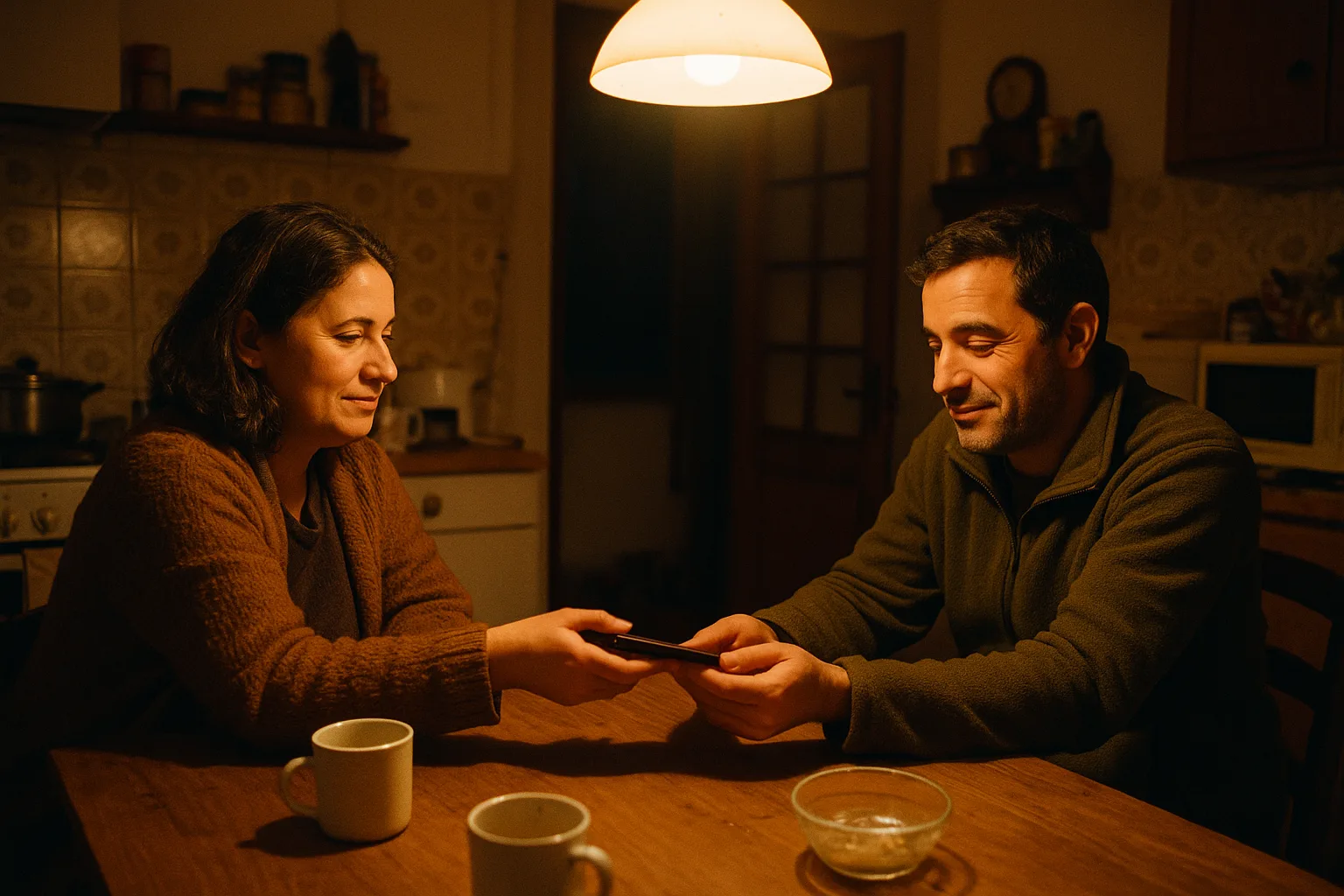 A married couple in their forties in grandmother's kitchen in winter