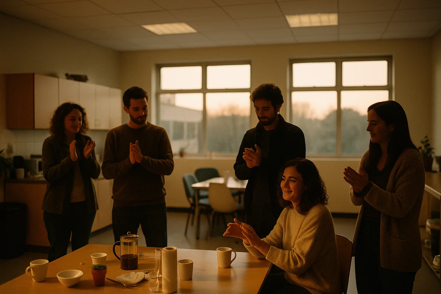 Work colleagues in their thirties and forties in American open-plan office kitchen, in Portugal