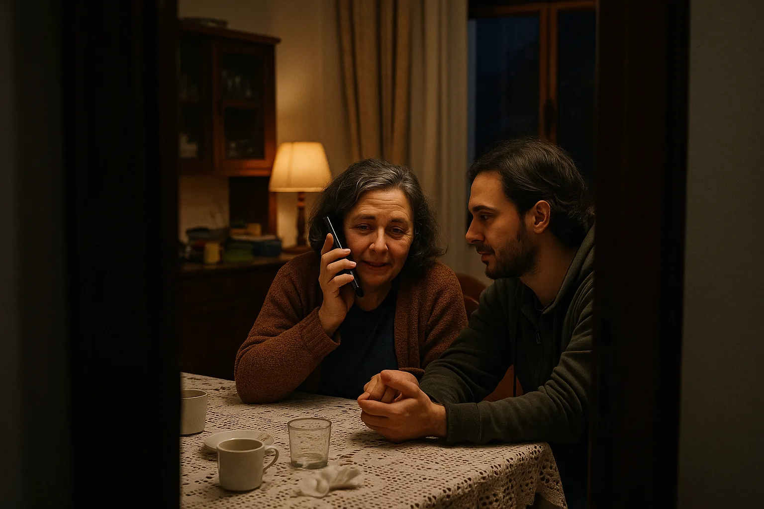 A mother in her fifties and her adult child in family dining room with a crocheted tablecloth