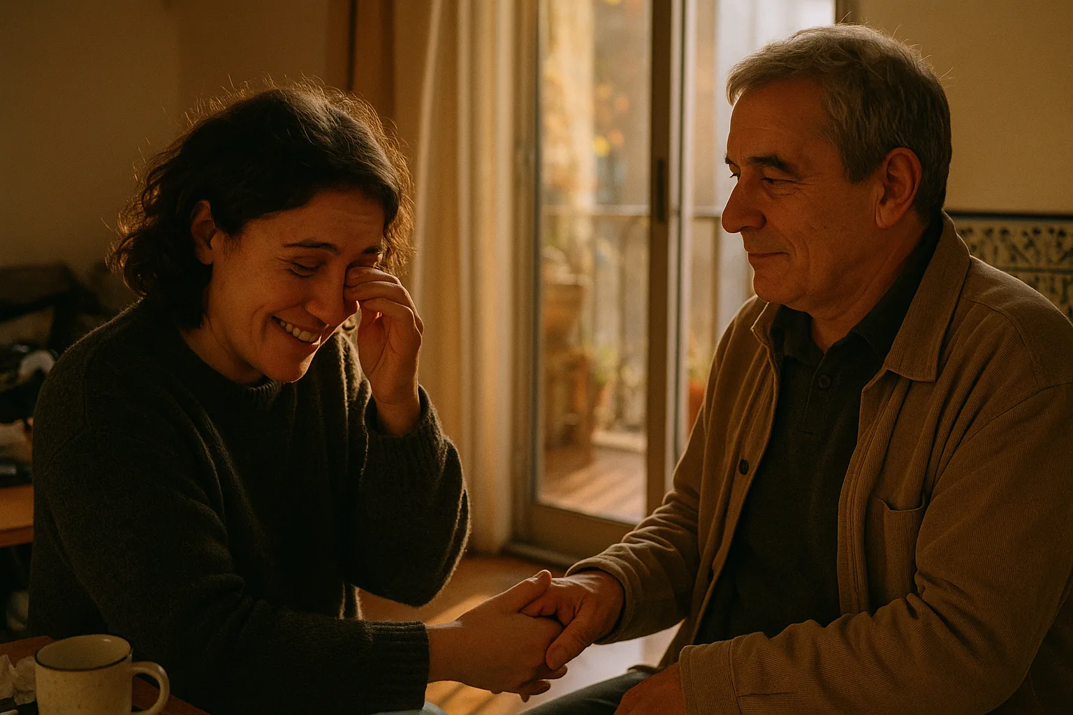 A parent in their fifties and their grown child in Portuguese flat with azulejo tiles and a small balcony