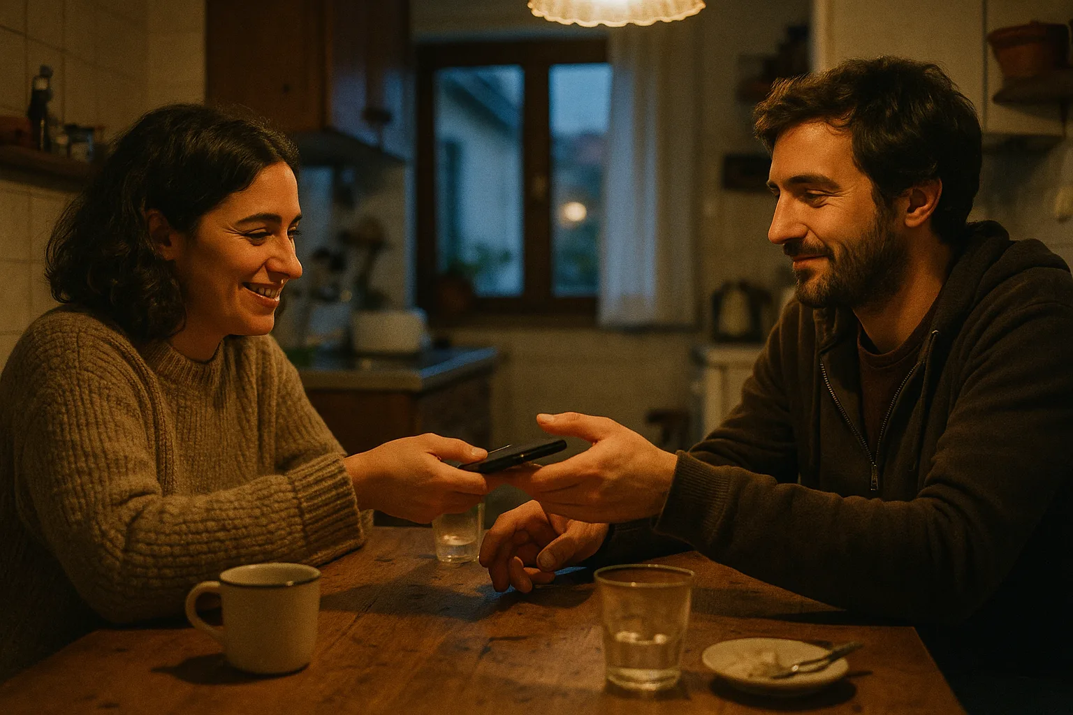 Two adult siblings in their thirties in grandmother's kitchen in winter