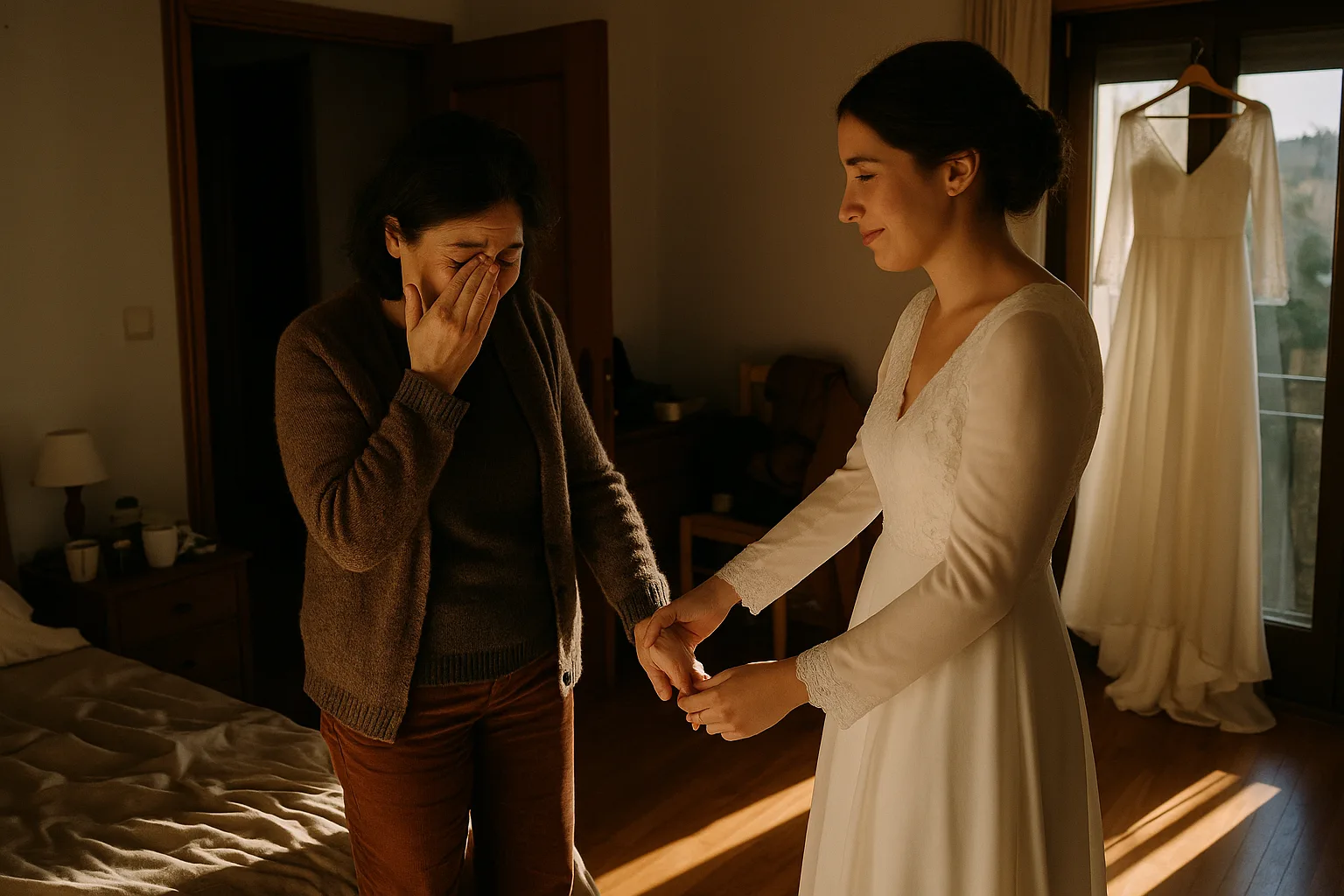 A bride and her mother in bridal suite before the ceremony, dress hanging on the door, in Portugal