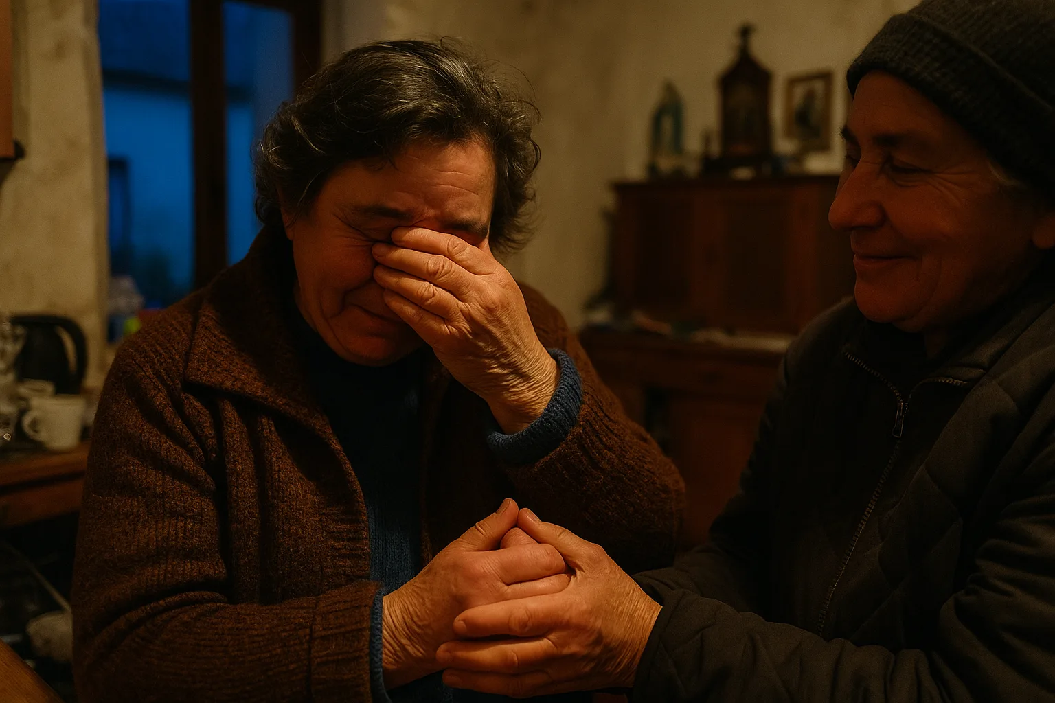 Two people who clearly know each other well in village church square after mass