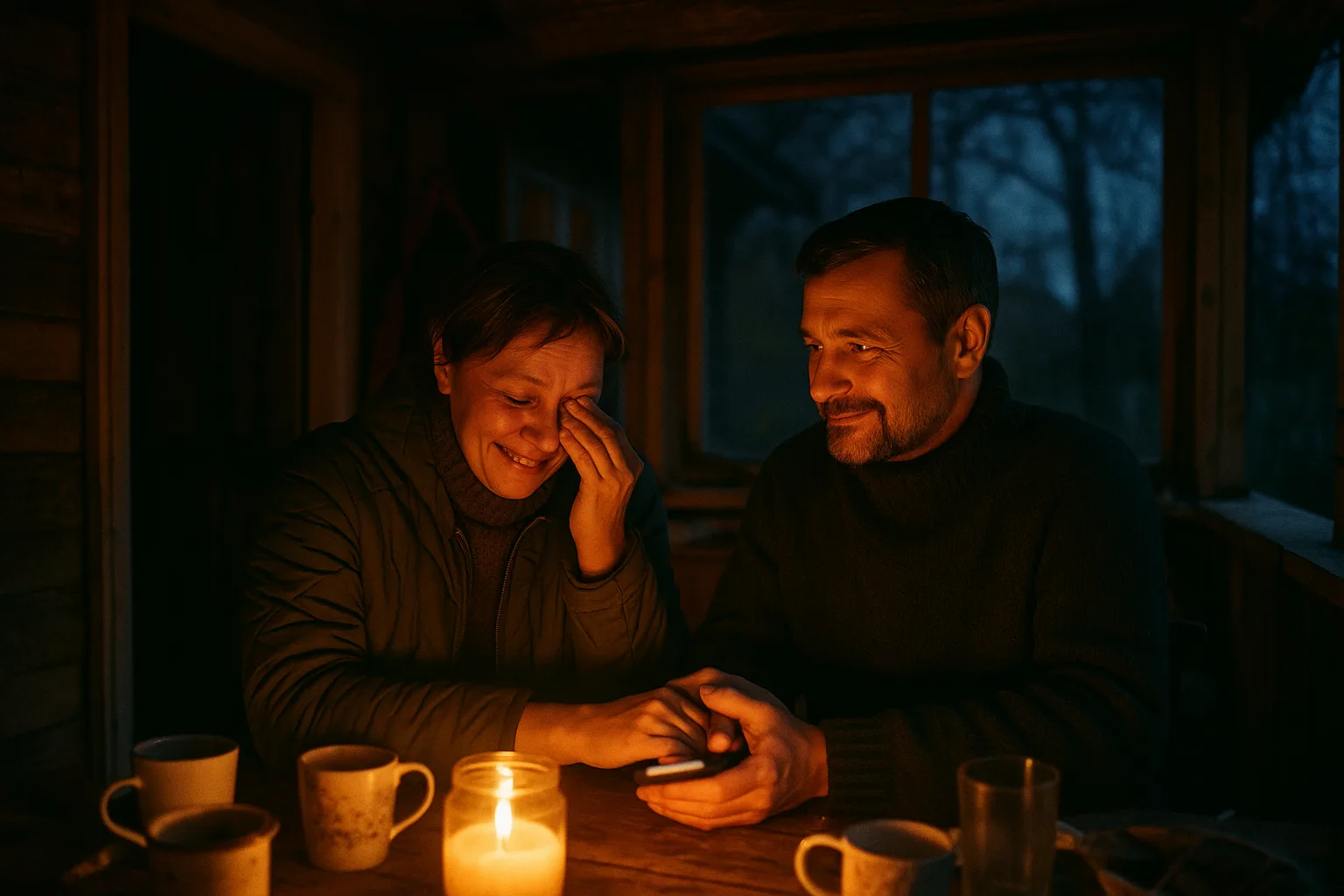 A married couple in their forties in dacha veranda in late autumn