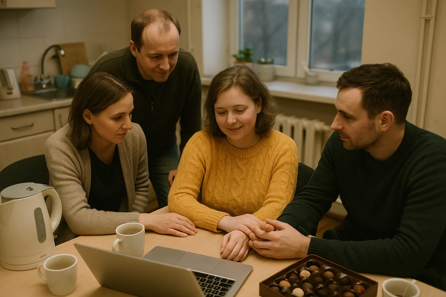 Work colleagues in their thirties and forties in офисная кухня с чайником и коробкой конфет