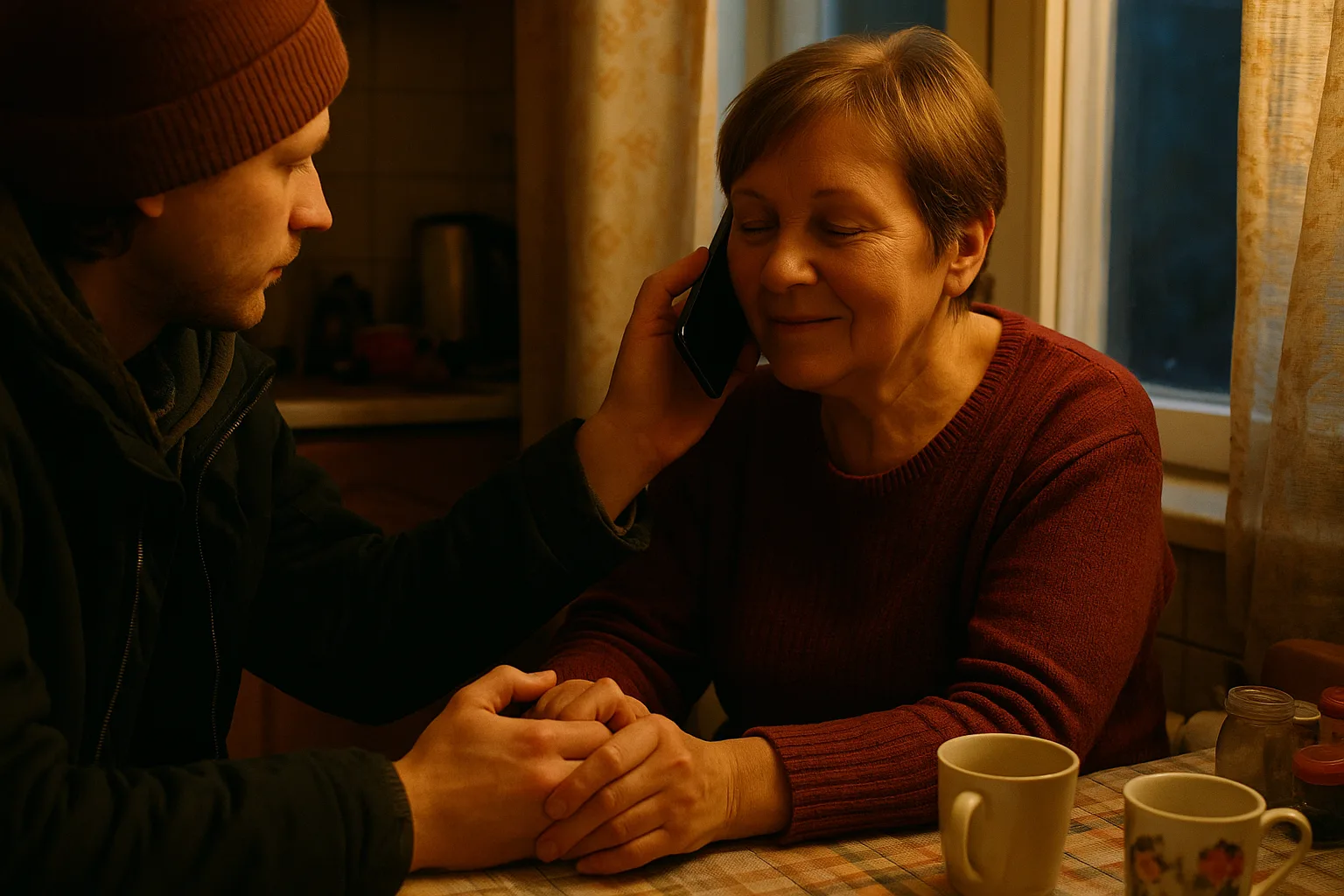 A mother in her fifties and her adult child in Russian city flat kitchen with a small table by the window