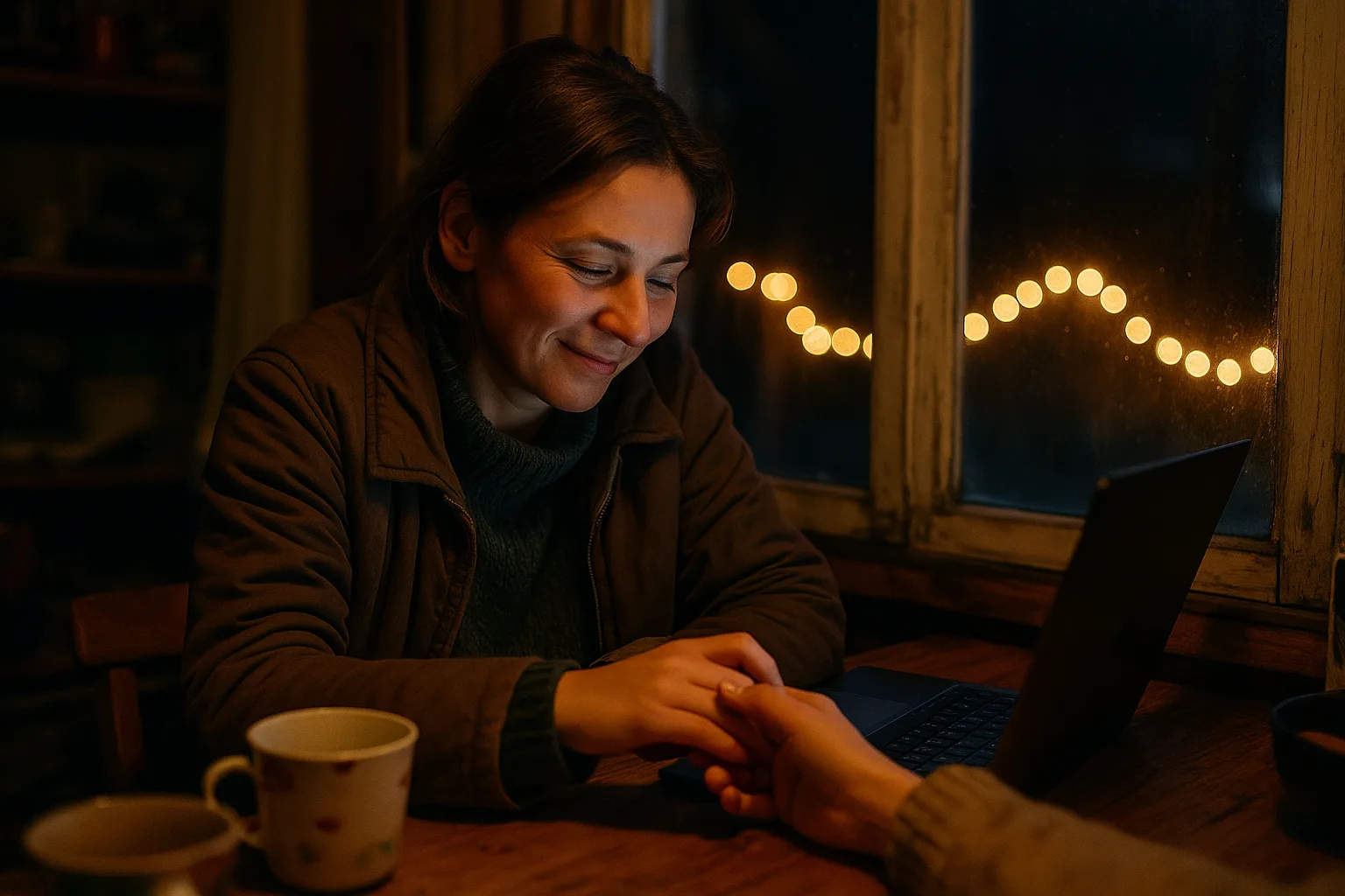 One person in their thirties, at home in dacha veranda in late autumn