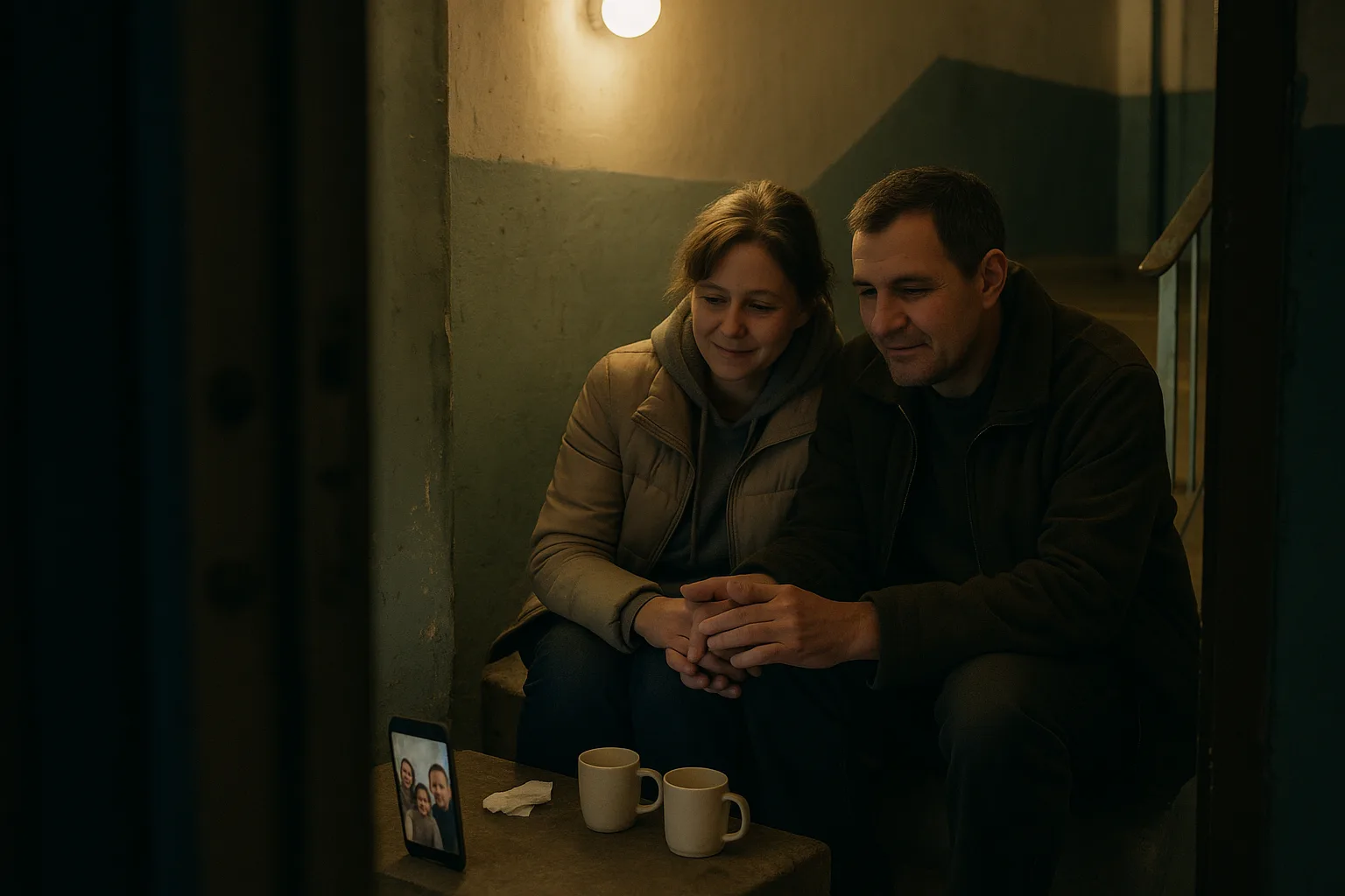 A married couple in their forties in panel-block stairwell landing