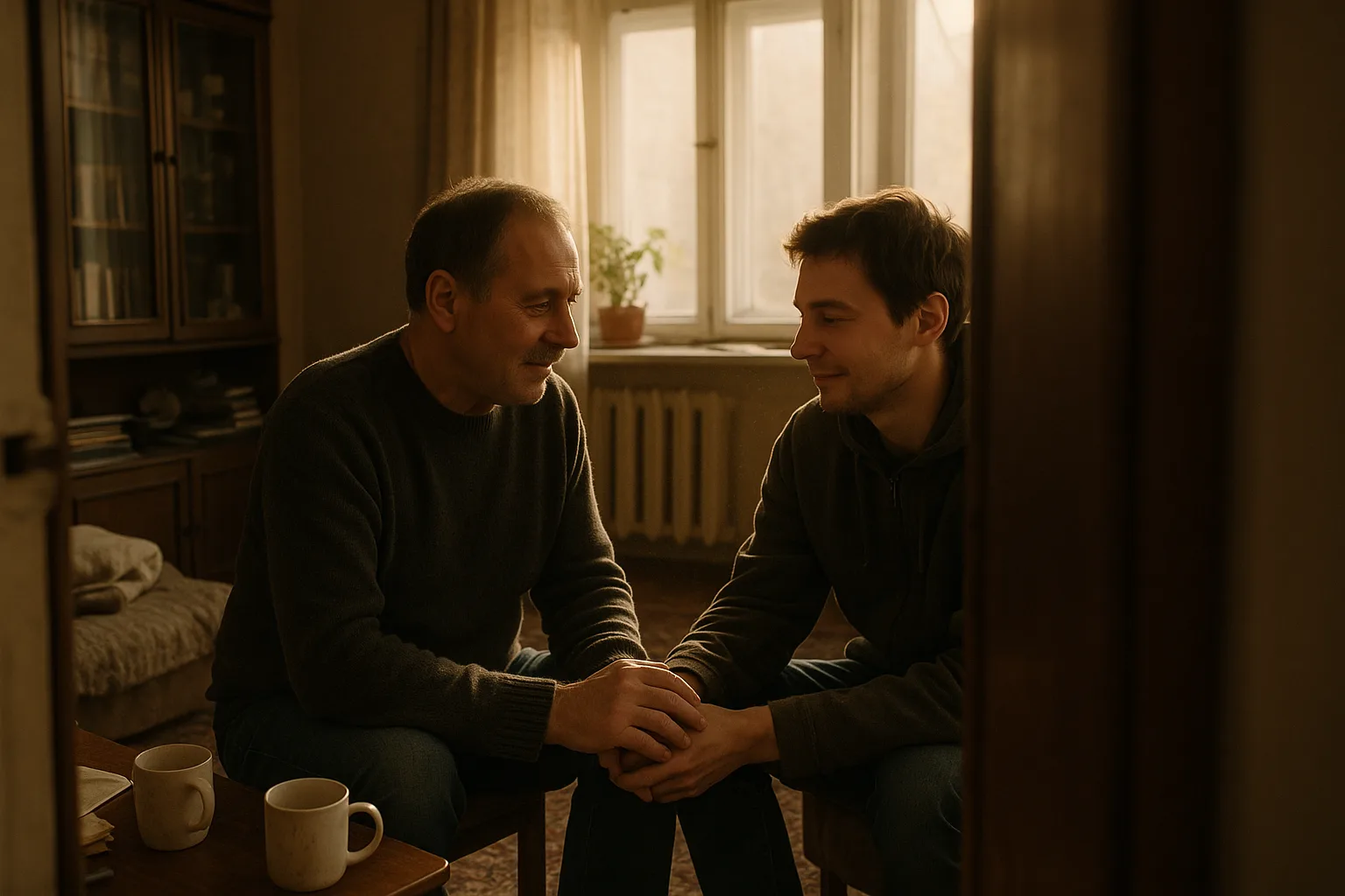 A father in his fifties and his adult child in living room with a carpet and a wall unit