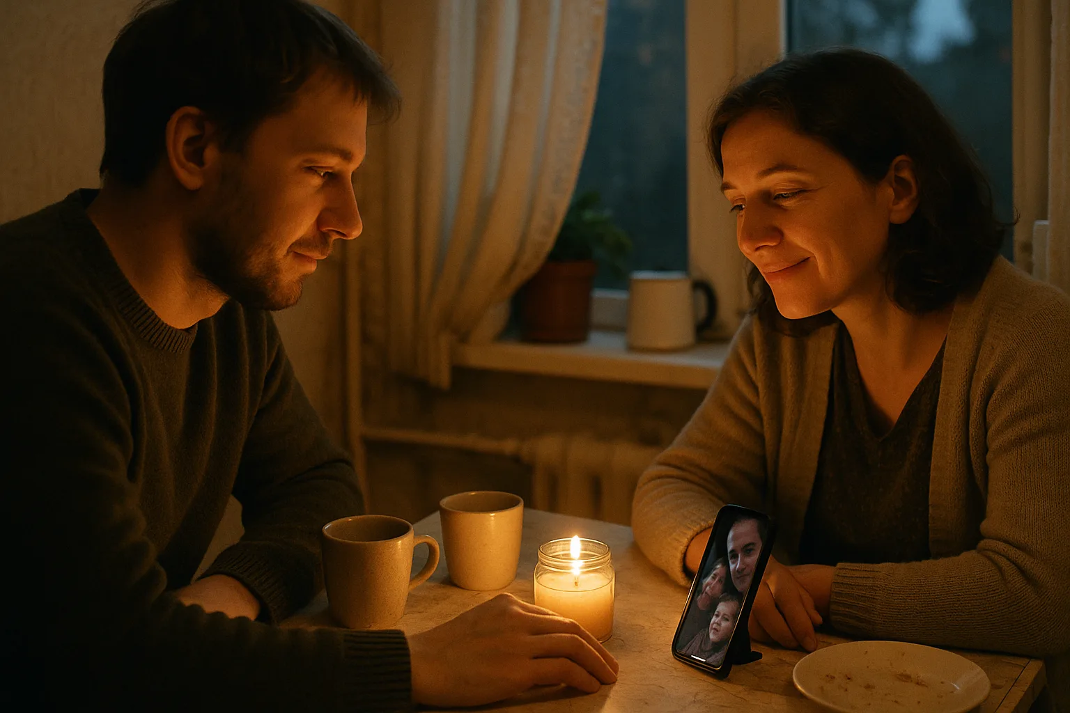 Two adult siblings in their thirties in Russian city flat kitchen with a small table by the window