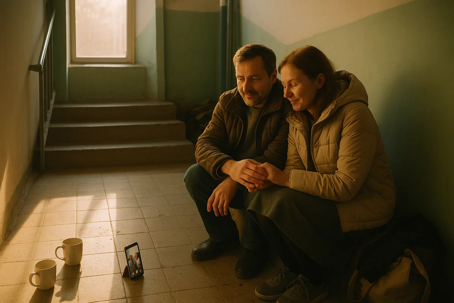 A married couple in their forties in panel-block stairwell landing