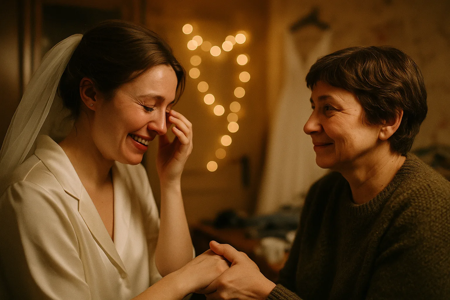 A bride and her mother in комната невесты перед выходом, платье на вешалке