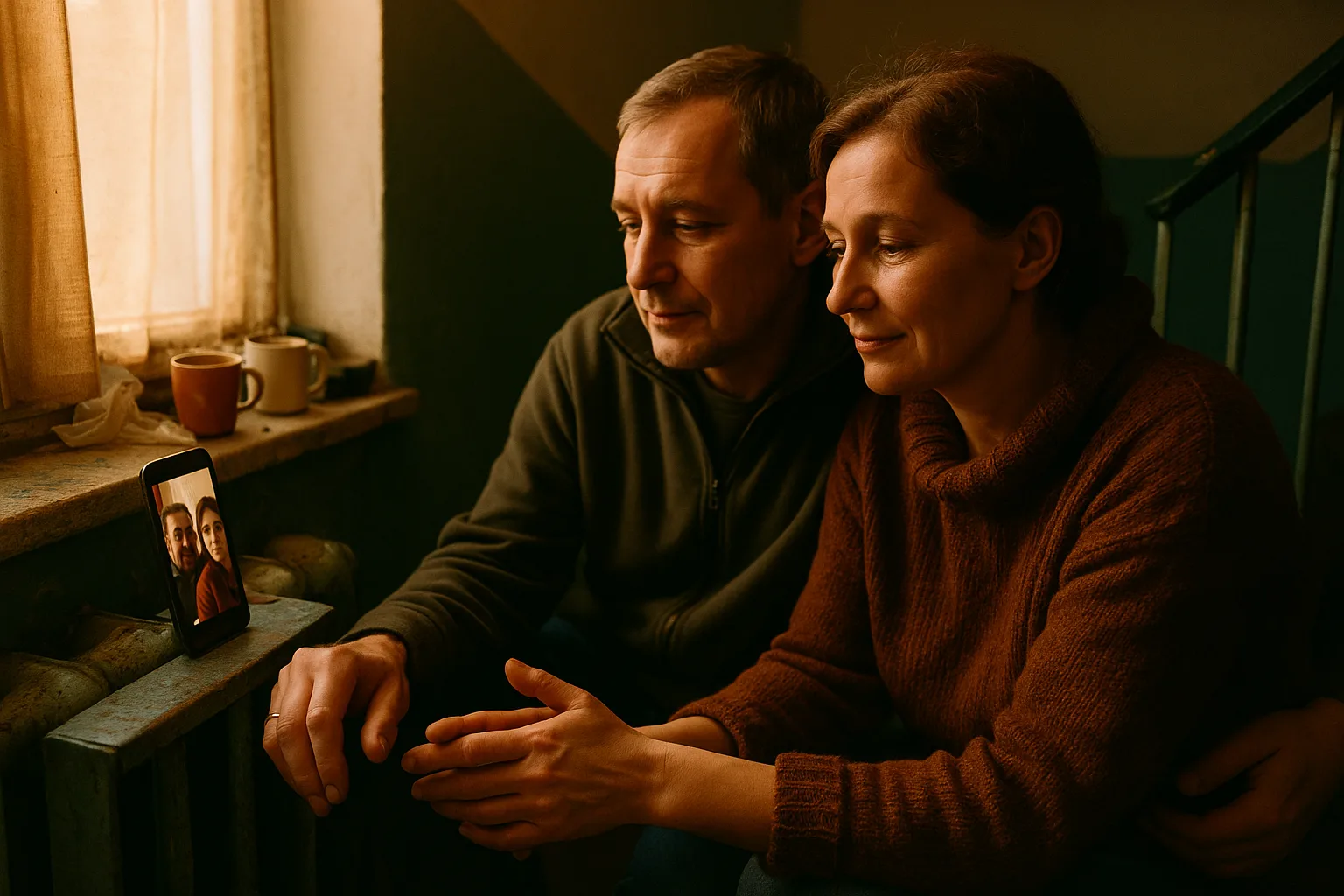 A married couple in their forties in panel-block stairwell landing
