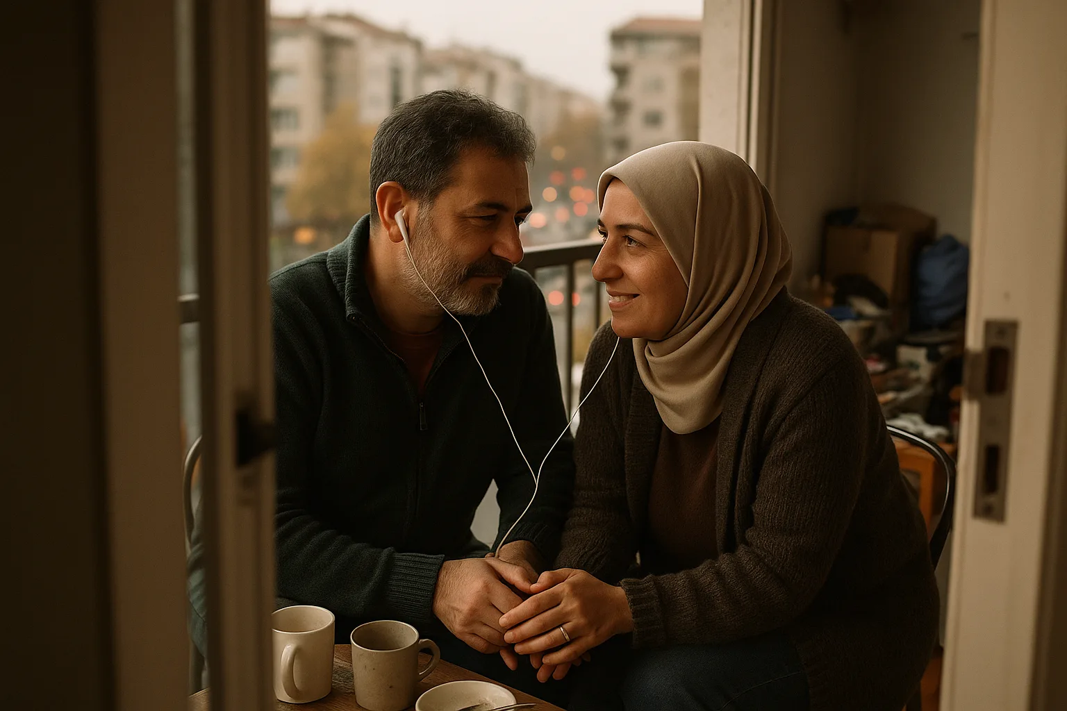 A married couple in their forties in balcony over a busy street