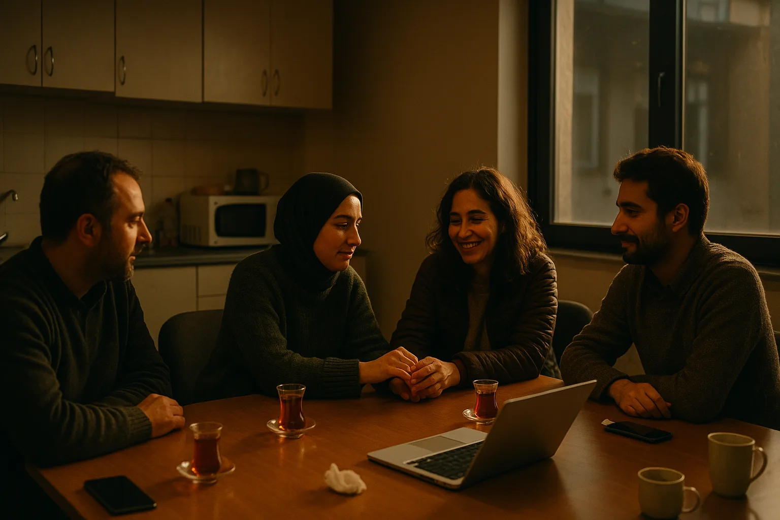 Work colleagues in their thirties and forties in bir ofis mutfağı, çay bardakları masada