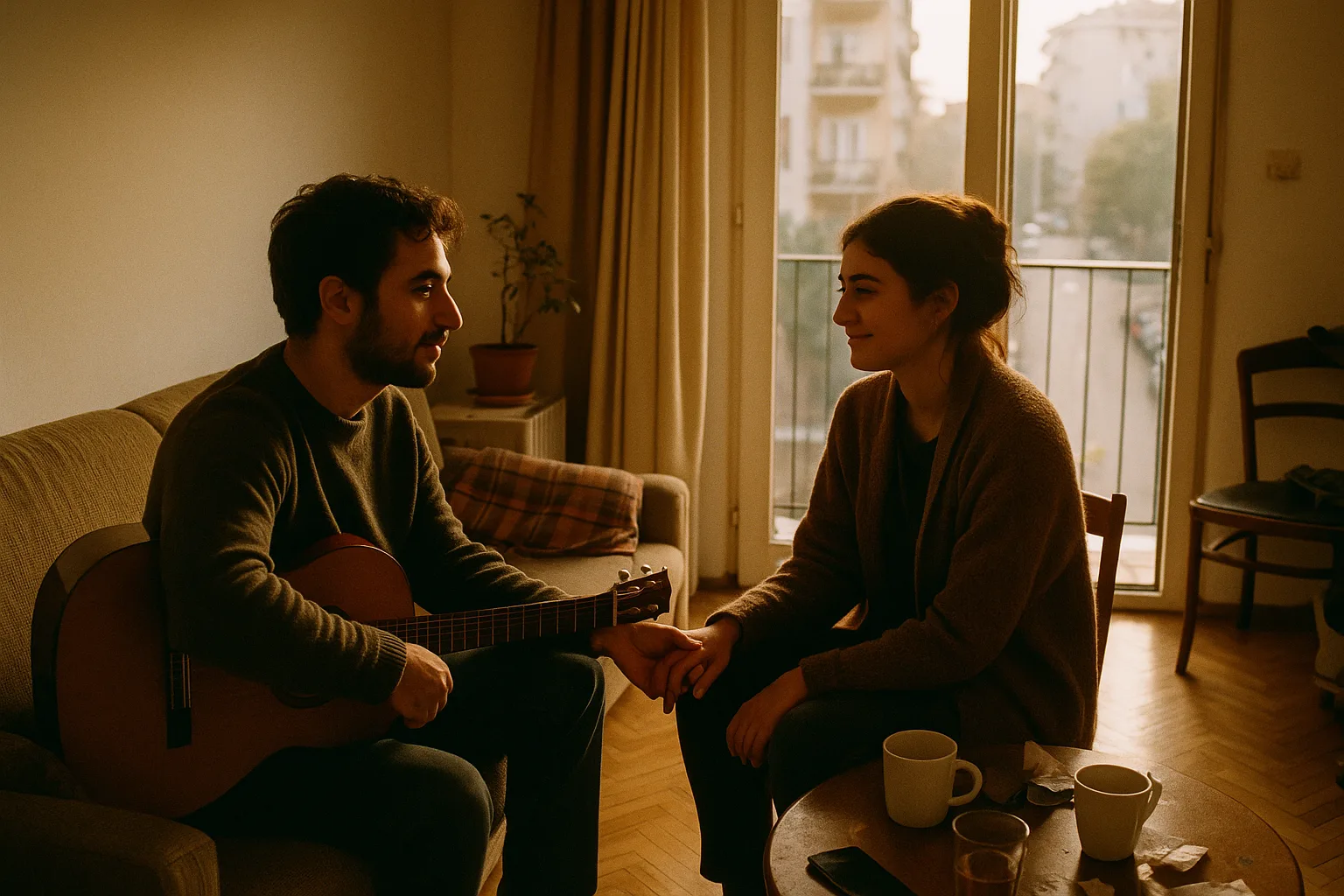 A young couple in their late twenties in balcony over a busy street