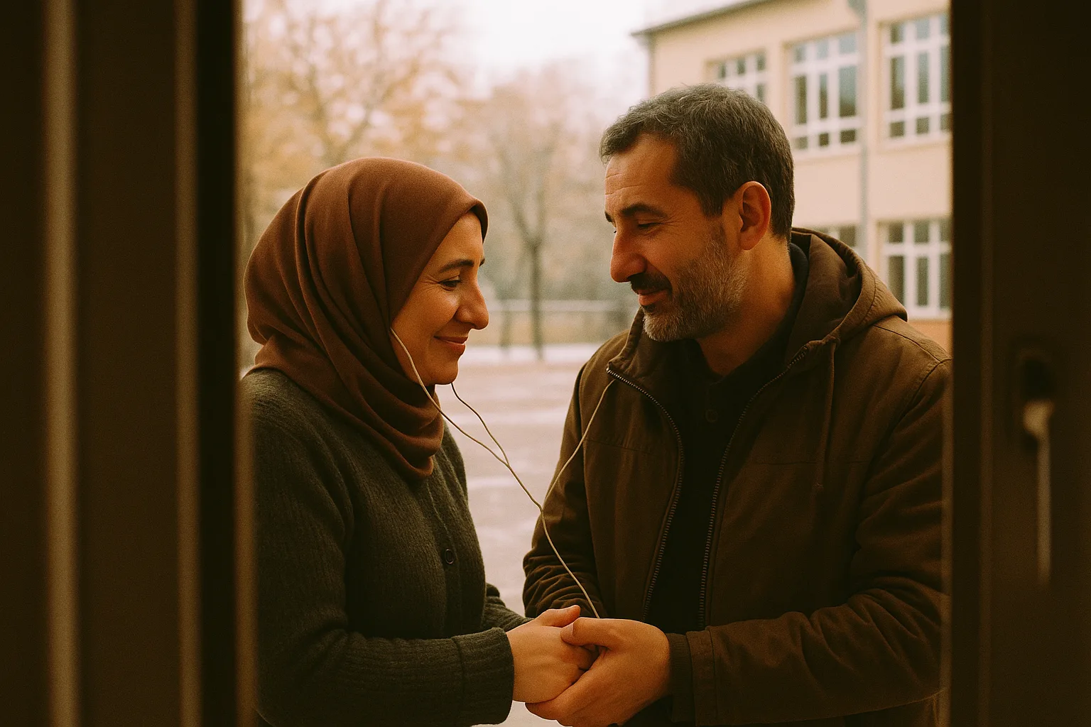 A married couple in their forties in schoolyard on a bright cold morning