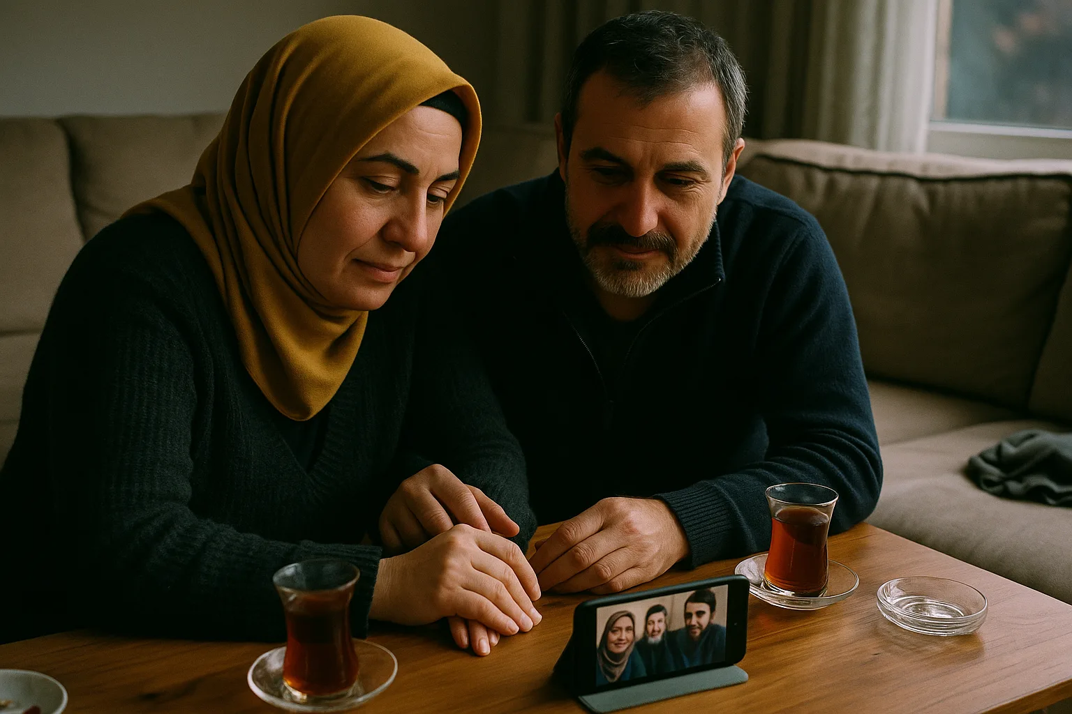 A married couple in their forties in Turkish living room with a large sofa set and tea glasses on the table