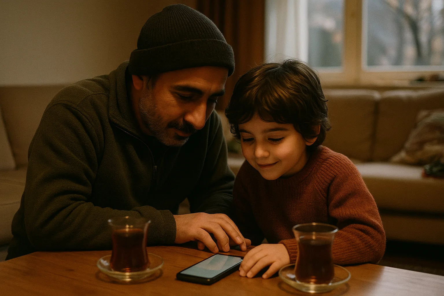 A parent and a young child in Turkish living room with a large sofa set and tea glasses on the table