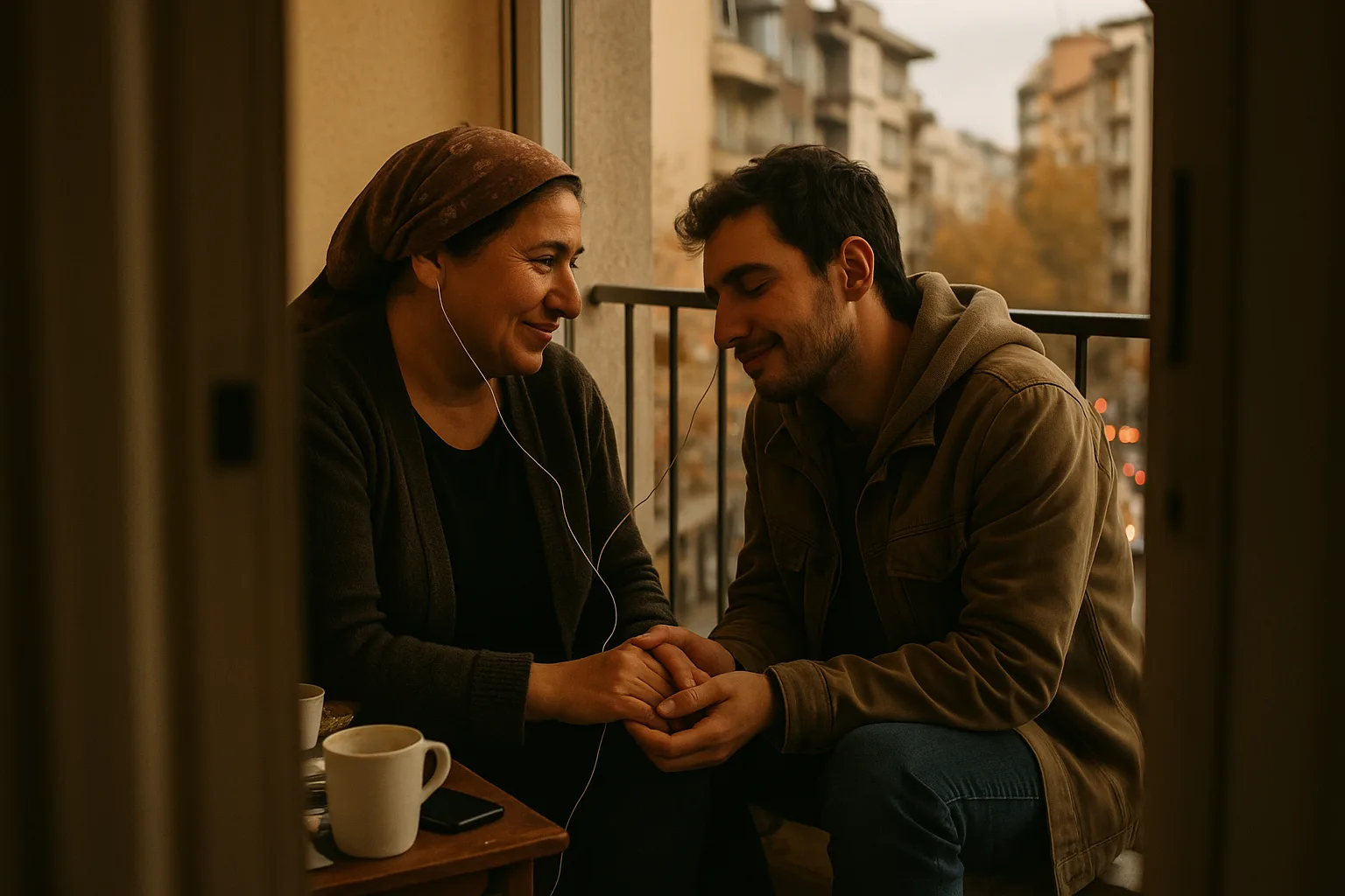 A mother in her fifties and her adult child in balcony over a busy street