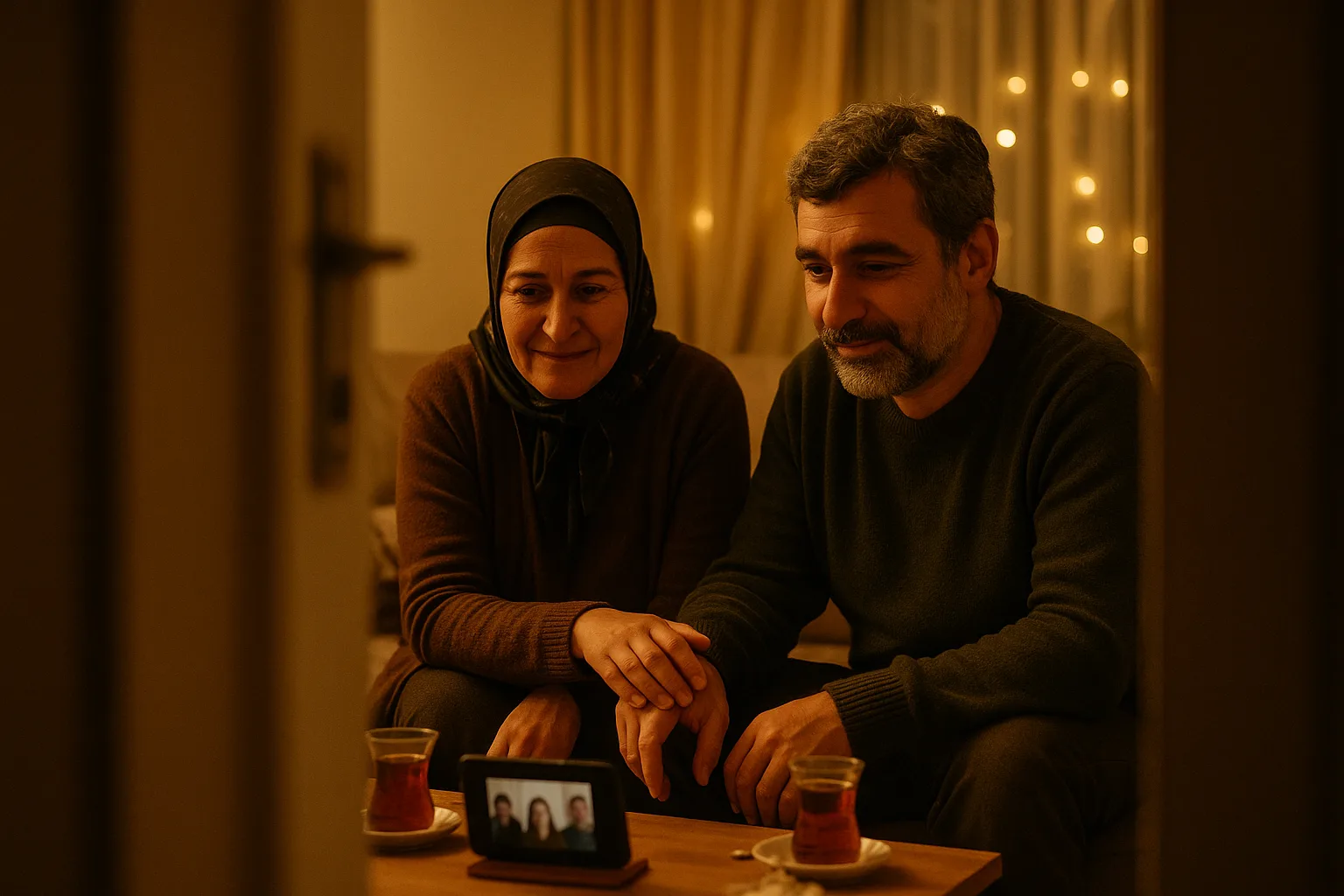 A married couple in their forties in Turkish living room with a large sofa set and tea glasses on the table